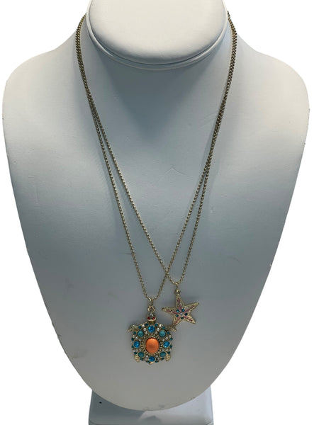 Betsey Johnson Sea Turtle Starfish Layered Necklace Gold Tone Crystal Pearl Ocean