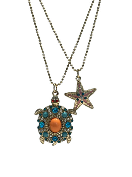 Betsey Johnson Sea Turtle Starfish Layered Necklace Gold Tone Crystal Pearl Ocean