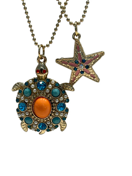 Betsey Johnson Sea Turtle Starfish Layered Necklace Gold Tone Crystal Pearl Ocean