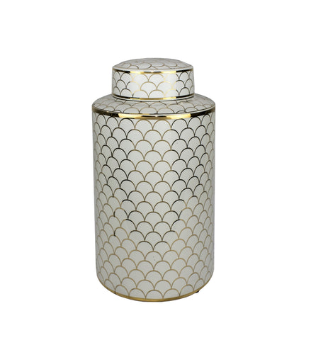 Jar-Decorative Ceramic Jar In White And Gold Patterned