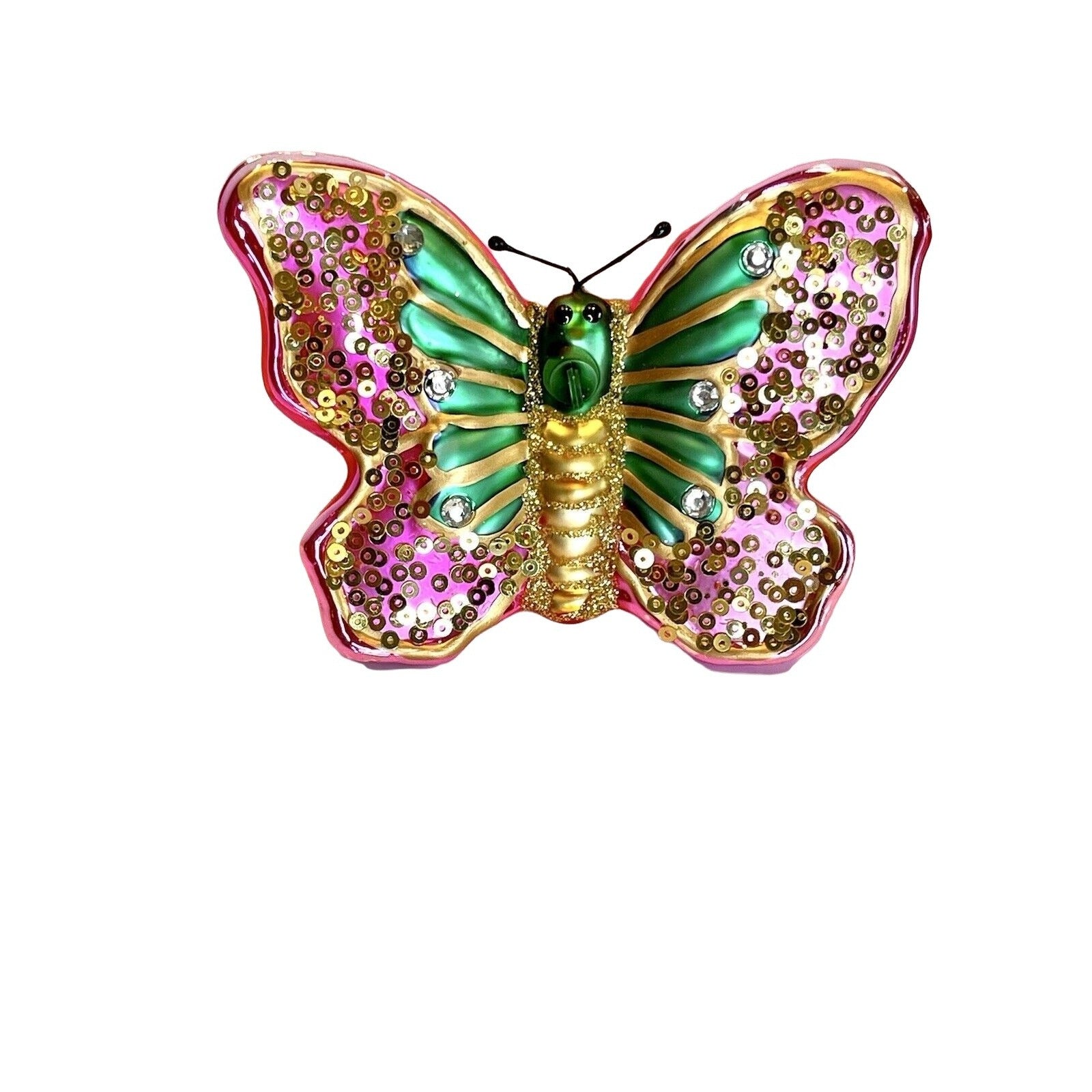 Blown Glass Butterfly Ornament by Robert Stanley With Sequins Pink NEW