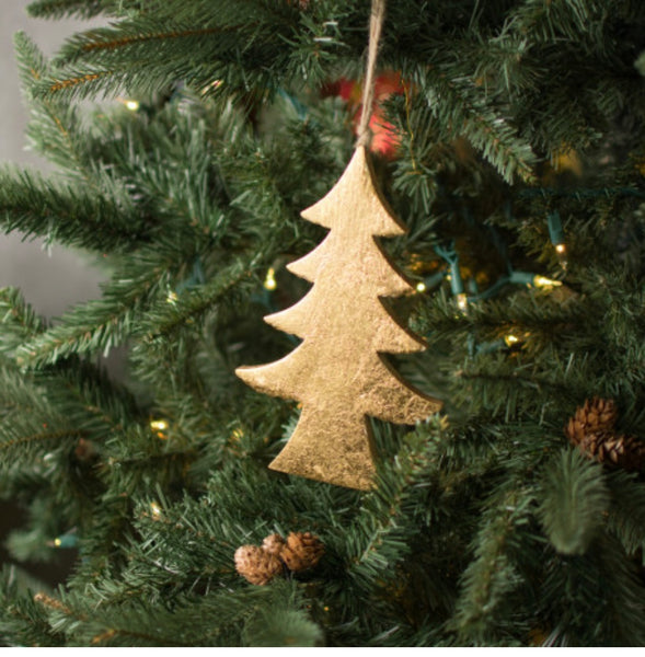 Christmas Tree in Gold Mango Wood Holiday Ornament