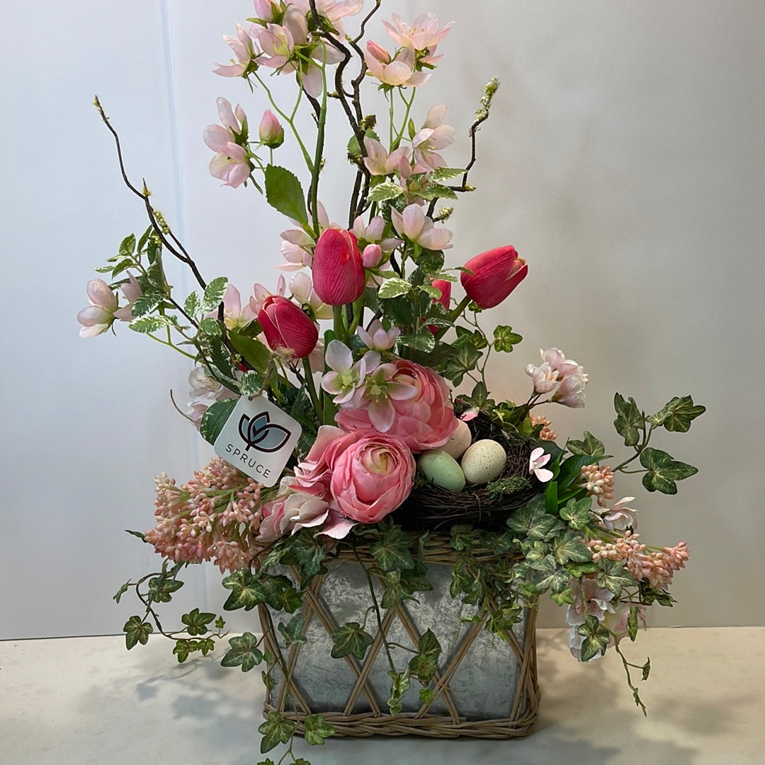 Spring Pink Florals in metal and rattan