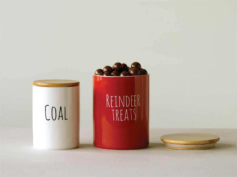 "Reindeer Treats" Red stoneware Canister with Bamboo Lid